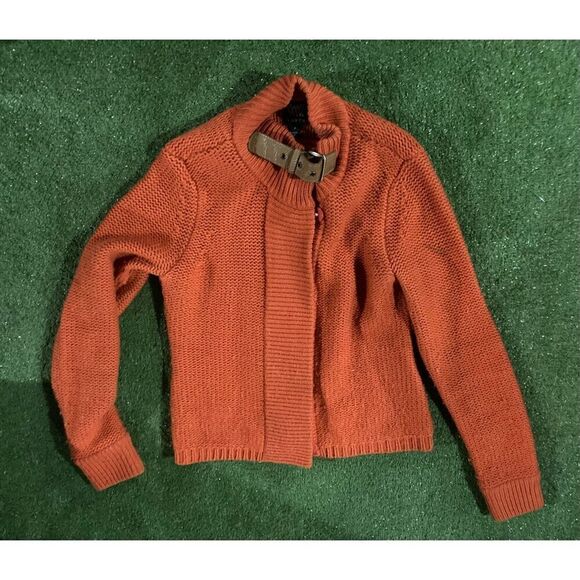 Womens Gorgeous Burnt Orange Sweater SZ Petite Leather Collared Cardigan - Picture 13 of 16